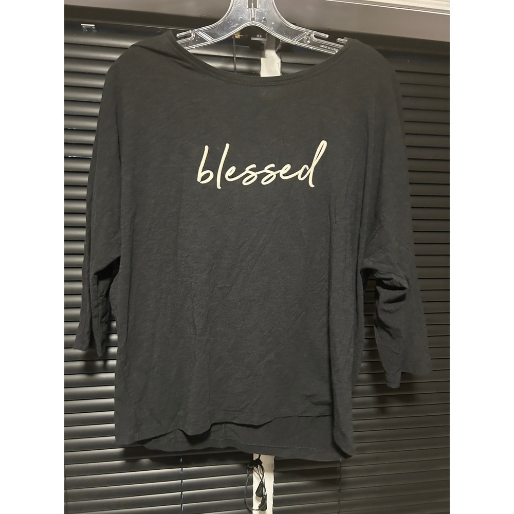 Cynthia Rowley Top Womens XL Black Blessed Graphic Dolman Sleeve Casual Slub Tee